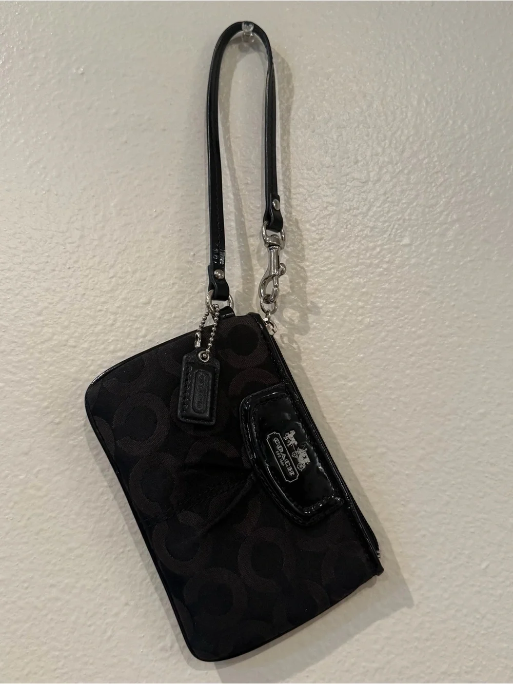 Coach Black Signature Zip Wristlet with Patent Trim